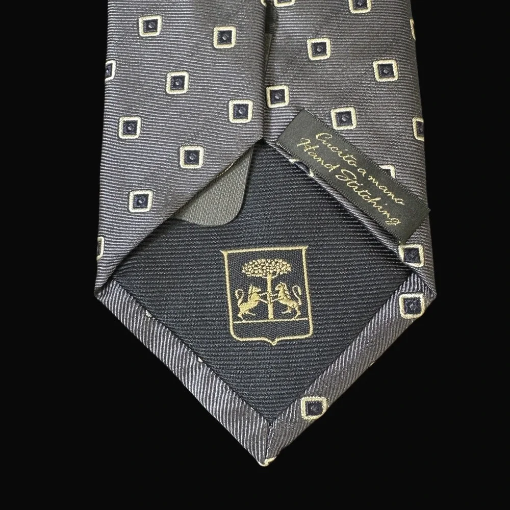 Corneliani Italy Silk Tie Grey Blue Geometric Square Hand Stitched Men Necktie